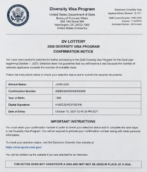 US Diversity Visa lottery confirmation notice